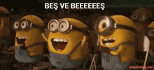 a group of minions are sitting in a row with the words " bes ve beeeees " written above them