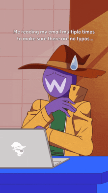 a cartoon of a man with the letter w on his hat sitting in front of a laptop