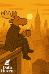 a moose is sitting on a ledge holding a cup of coffee in front of a city skyline