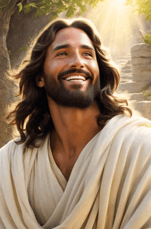 a painting of jesus with long hair and a beard is smiling