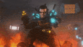 a poster for a video game called hugo boss shows a man holding a gun