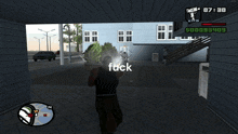 a video game screen shows a man with the word fuck on his chest