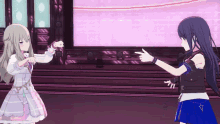 two anime girls are standing next to each other and one is pointing at the other
