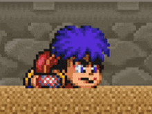 a pixel art of a boy with blue hair laying on the ground