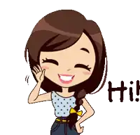 a cartoon girl is smiling and waving with the words hi behind her
