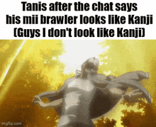 a screenshot of a video game with a caption that says tanis after the chat says