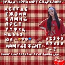 a girl in a red shirt stands in front of a checkered background with numbers and emojis