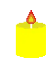 a pixel art illustration of a yellow candle with a red flame