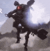 a robot is flying through the air while holding a gun in a video game .