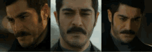 a man with a mustache is shown in three different angles