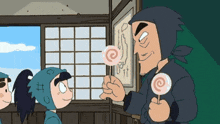 a cartoon of a man giving a lollipop to a little boy