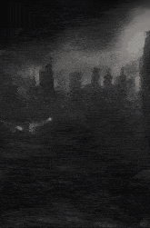 a black and white photo of a city with smoke coming out of the buildings
