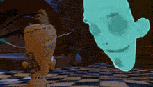 a cartoon character standing next to a ghost