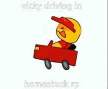 a yellow smiley face is driving a red car with a red hat on .