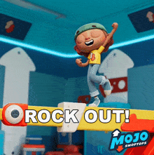 a cartoon character is standing on a balance beam with the words " rock out " written on it