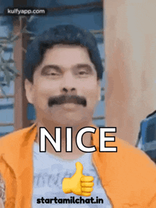 a man with a mustache is giving a thumbs up with the word nice in the corner