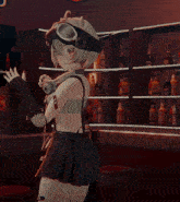 a girl standing in front of a lemonade machine