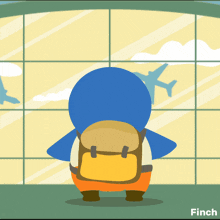 a cartoon penguin with a backpack looking out a window with the word finch on the bottom