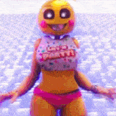 chica from five nights at freddy 's is wearing a pink bikini and a white shirt that says go party .