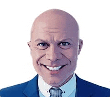 a bald man in a blue suit and tie is smiling for the camera .