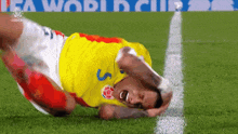 a soccer player with the number 5 on his jersey is laying on the grass