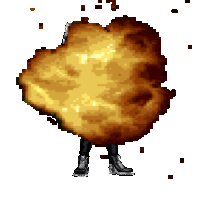 a pixel art of a person standing next to a large explosion