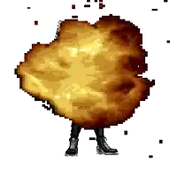 a pixel art of a person standing next to a large explosion