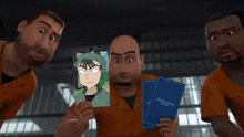 a man is holding a picture of a cartoon character in front of a group of prisoners