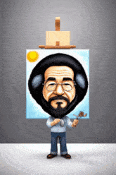 a cartoon of a man with a beard and glasses holding a brush in front of a painting of bob ross