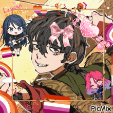 a picture of a boy with a guitar and a girl with a bow on her head .