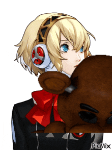a picture of a girl with headphones and a teddy bear with picmix written on it