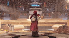 a person in a red coat holding a gun in front of a building that says ' star wars ' on the top