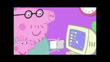 a cartoon of a pig with glasses standing next to a computer