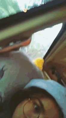 a woman wearing glasses and a hat is taking a picture of herself in a car