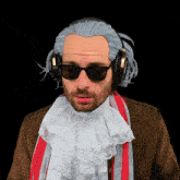 a man wearing a wig and headphones has a white lace collar