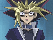 a close up of a cartoon character with a collar and a surprised look on his face