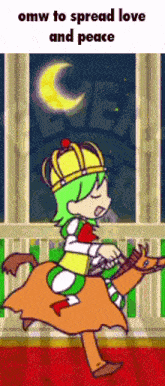 a cartoon of a girl riding a reindeer with the words " omw to spread love and peace " below her