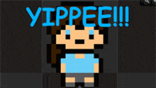 a pixel art drawing of a boy with the words yippee !!! below him