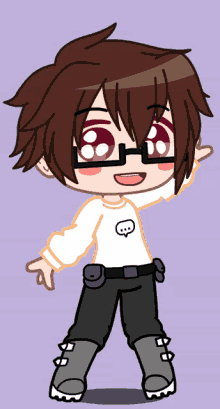 a cartoon character with brown hair and glasses is wearing a white shirt with a speech bubble on it