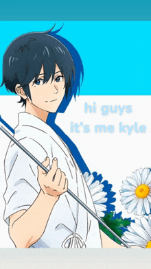a drawing of a boy holding a stick with the words hi guys it 's me kyle on the bottom