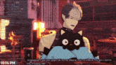 a cartoon of a man holding a cat with the time 10:14 pm on the bottom