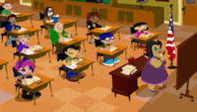 a cartoon of a teacher giving a speech to her students