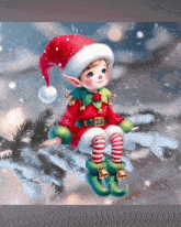 a christmas elf is sitting on a tree branch