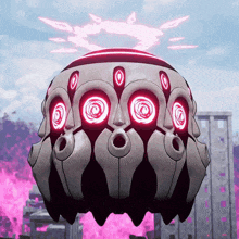 a spherical object with circles on it and a pink light coming out of the top