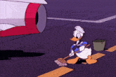 a cartoon of donald duck cleaning the road with a broom