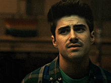 a man with a mustache looks at the camera