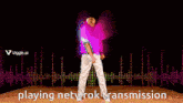 a man in a red shirt and white pants is dancing in front of a screen that says playing network transmission