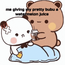 a cartoon bear giving another bear a bottle of watermelon juice