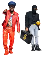 a man in a red jacket and a man in a black jacket holding a briefcase with a dollar sign