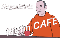 a cartoon of a man drinking from a cup with bizim cafe written on his sweatshirt